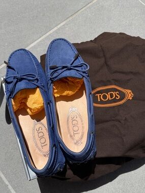 Tod's Blue Suede Driving Moccasins with Orange Accents